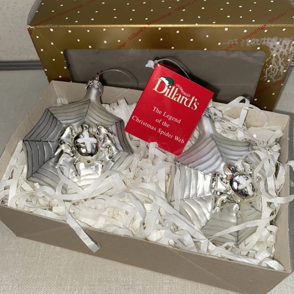 Dillards VTG The Legend Of The Christmas Spider Web Glass Ornament Set Of 2 New